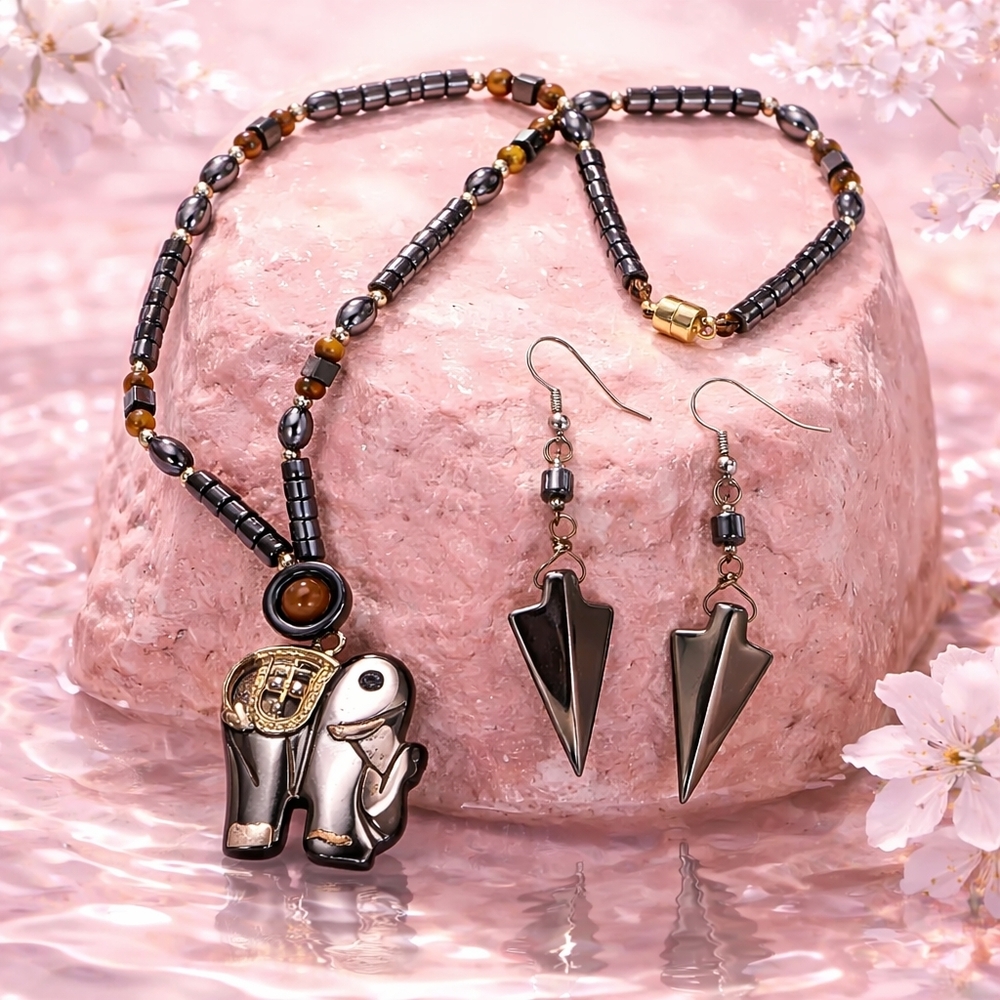 Elegant Hematite Gemstone Tiger Eye Gold Dress Elephant Pendant Necklace Set